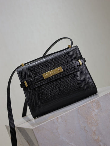 YSL 25S MINI MANHATTAN 19 IN BLACK SHINY CROCODILE CALFSKIN GOLD HARDWARE