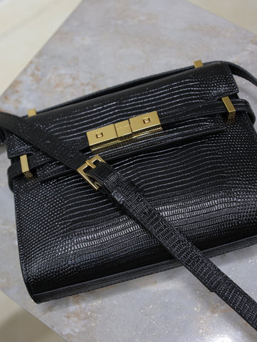 YSL 25S MINI MANHATTAN 19 IN BLACK SHINY CROCODILE CALFSKIN GOLD HARDWARE