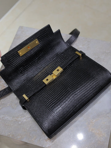 YSL 25S MINI MANHATTAN 19 IN BLACK SHINY CROCODILE CALFSKIN GOLD HARDWARE