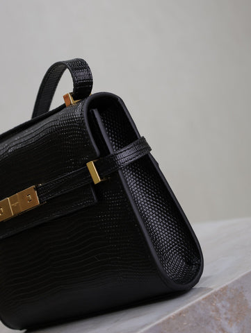 YSL 25S MINI MANHATTAN 19 IN BLACK SHINY CROCODILE CALFSKIN GOLD HARDWRE