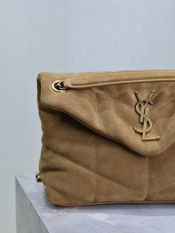 YSL 25S LOULOU PUFFER MM 29 IN TAN BROWN SUEDE GOLD HARDWARE