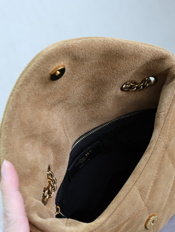 YSL 25S LOULOU PUFFER MINI 23 IN TAN BROWN SUEDE GOLD HARDWARE