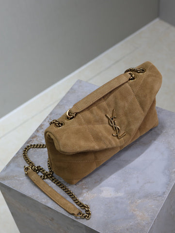 YSL 25S LOULOU PUFFER MINI 23 IN TAN BROWN SUEDE GOLD HARDWARE