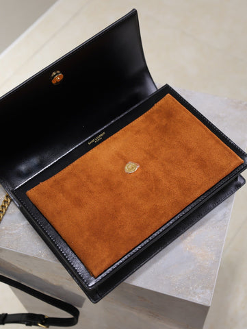 YSL 25S SUNSET MM 25 IN BLACK CALFSKIN AND CARAMEL SUEDE GOLD HARDWRE