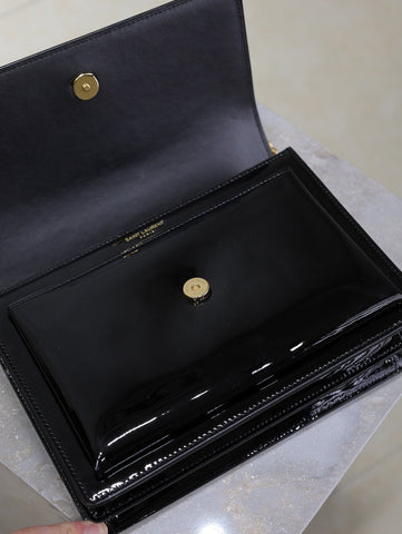 YSL 25S SUNSET MEDIUM 22 IN BLACK SHINY CALFSKIN GOLD HARDWRE