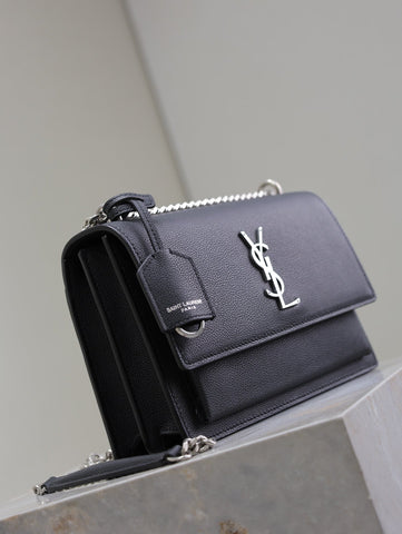 YSL 25S SUNSET MEDIUM 22 IN BLACK GRAINED CALFSKIN SILVER HARDWARE