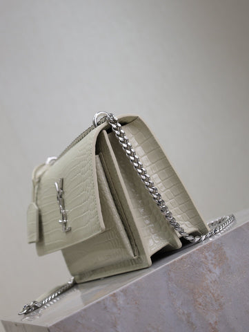 YSL 25S SUNSET MEDIUM 22 IN IVORY CROCODILE-EMBOSSED SHINY CALFSKIN SILVER HARDWARE