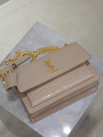 YSL 25S SUNSET MEDIUM 22 IN NUDE CROCODILE-EMBOSSED SHINY CALFSKIN GOLD HARDWRE