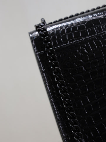 YSL 25S SUNSET MEDIUM 22 IN BLACK CROCODILE-EMBOSSED SHINY CALFSKIN BLACK HARDWARE