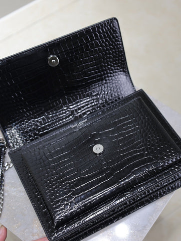 YSL 25S SUNSET MEDIUM 22 IN BLACK CROCODILE-EMBOSSED SHINY CALFSKIN SILVER HARDWARE