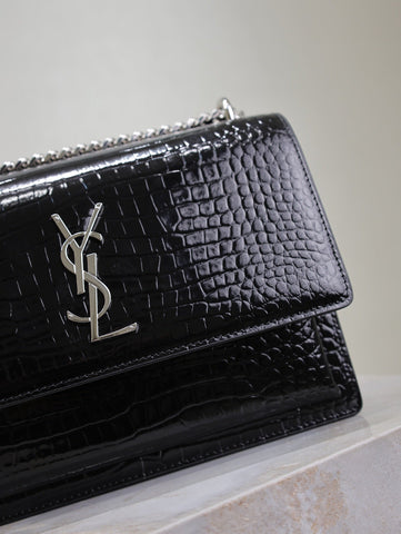 YSL 25S SUNSET MEDIUM 22 IN BLACK CROCODILE-EMBOSSED SHINY CALFSKIN SILVER HARDWARE