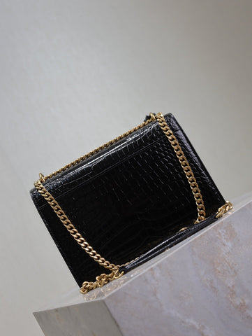 YSL 25S SUNSET MEDIUM 22 IN BLACK CROCODILE-EMBOSSED SHINY CALFSKIN GOLD HARDWRE