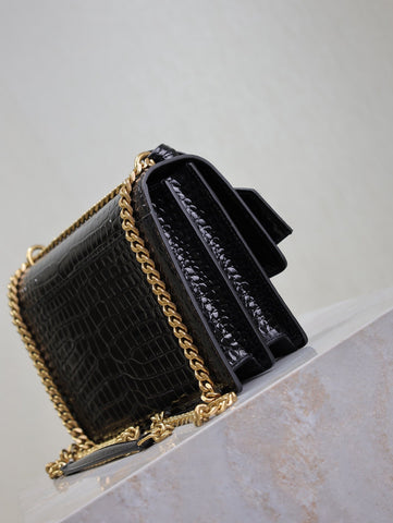 YSL 25S SUNSET MEDIUM 22 IN BLACK CROCODILE-EMBOSSED SHINY CALFSKIN GOLD HARDWARE