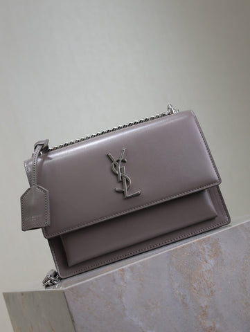 YSL 25S SUNSET BAG 22 IN DARK PURPLE CALFSKIN SILVER HARDWARE