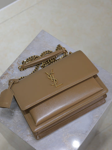 YSL 25S SUNSET BAG 22 IN BROWN CALFSKIN GOLD HARDWRE