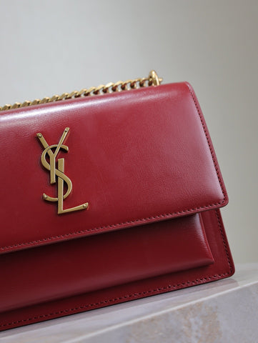 YSL 25S SUNSET BAG 22 IN CRIMSON RED CALFSKIN GOLD HARDWRE