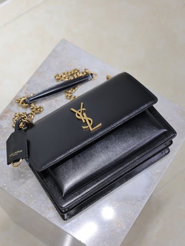 YSL 25S SUNSET BAG 22 IN BLACK CALFSKIN GOLD HARDWARE
