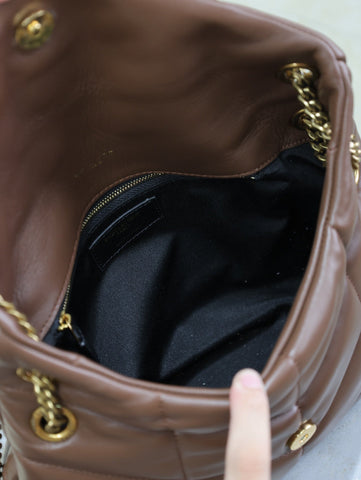 YSL 25S LOULOU PUFFER MM 29 IN DARK BROWN CALFSKIN GOLD HARDWARE