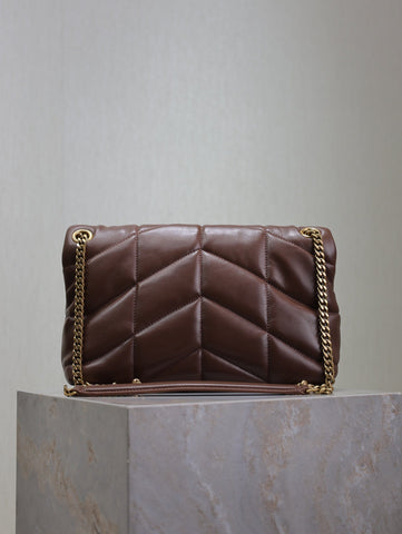 YSL 25S LOULOU PUFFER MM 29 IN DARK BROWN CALFSKIN GOLD HARDWARE