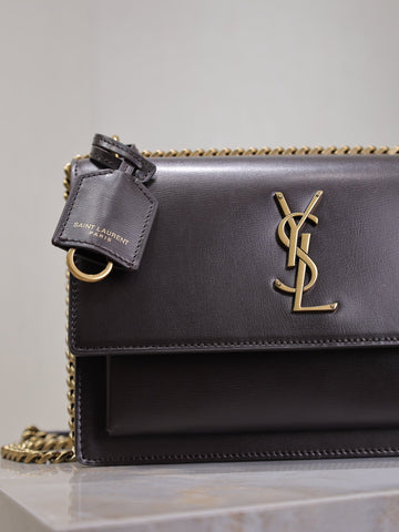 YSL 25S SUNSET BAG 22 IN COFEE BROWN CALFSKIN GOLD HARDWRE