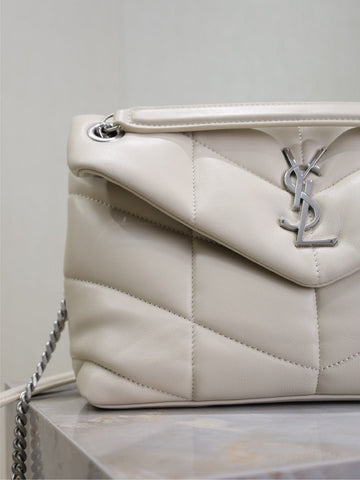 YSL 25S LOULOU PUFFER MM 29 IN SMOKEY TAUPE CALFSKIN SILVER HARDWARE