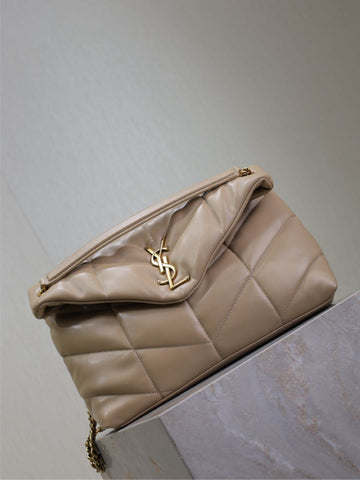 YSL 25S LOULOU PUFFER GM 35 IN BROWN CALFSKIN GOLD HARDWARE