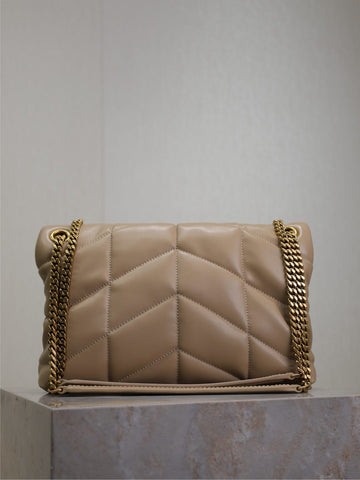 YSL 25S LOULOU PUFFER MM 29 IN BROWN CALFSKIN GOLD HARDWARE