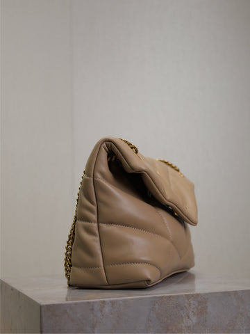 YSL 25S LOULOU PUFFER MM 29 IN BROWN CALFSKIN GOLD HARDWRE