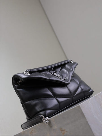 YSL 25S LOULOU PUFFER MM 29 IN BLACK CALFSKIN SILVER HARDWRE