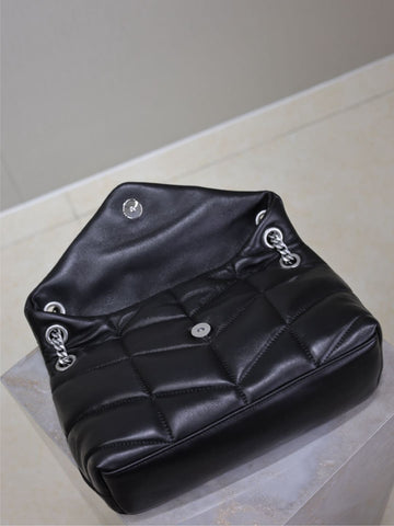 YSL 25S LOULOU PUFFER MM 29 IN BLACK CALFSKIN SILVER HARDWARE