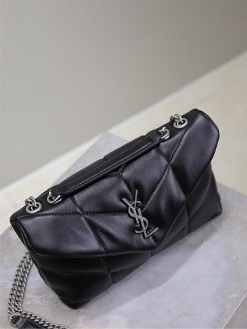 YSL 25S LOULOU PUFFER MINI 23 IN BLACK CALFSKIN SILVER HARDWARE
