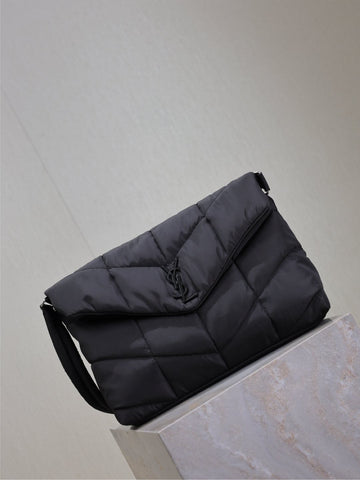 YSL 25S LOULOU PUFFER BAG 34 IN BLACK NYLON SILVER HARDWARE