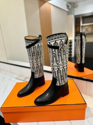 JUMPING BOOT 2 CM IN BLACK CALFSKIN AND BLACK MIX WHITE FABRIC