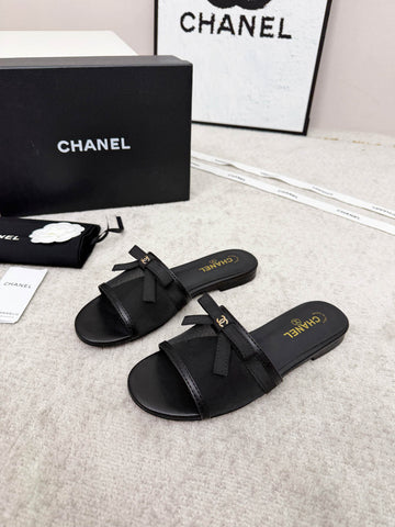 CHANEL 26S SLIDE SANDALS IN BLACK MESH AND CALFSKIN WITH RIBBON