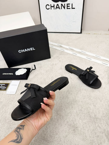 CHANEL 26S SLIDE SANDALS IN BLACK MESH AND CALFSKIN WITH RIBBON
