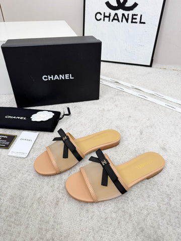 CHANEL 26S SLIDE SANDALS IN BEIGE MESH AND CALFSKIN WITH BLACK RIBBON