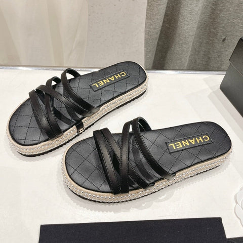SLIPPERS CROSS STRAPS IN BLACK LAMBSKIN