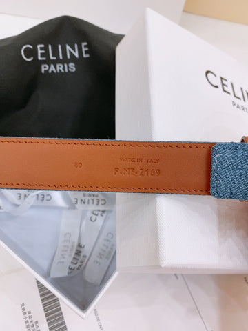 CELINE 25S BELT TRIOMPHE TAURILLON 25MM IN BROWN CALFSKIN AND DENIM 558351