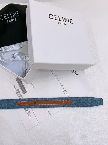 CELINE 25S BELT TRIOMPHE TAURILLON 25MM IN BROWN CALFSKIN AND DENIM 558351
