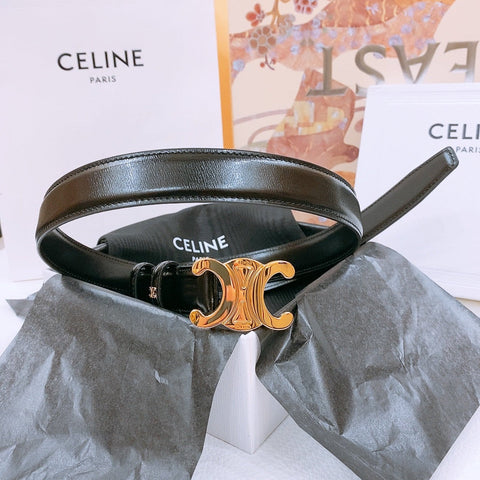 CELINE 25S TRIOMPHE BELT 25MM IN BLACK GLOSSY CALFSKIN GOLD HARDWARE 570968
