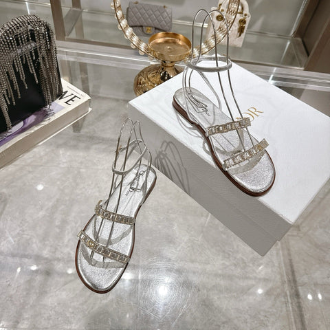 FLAT SANDALS 25S IN SILVER CALFSKIN RHINESTONES STRAP